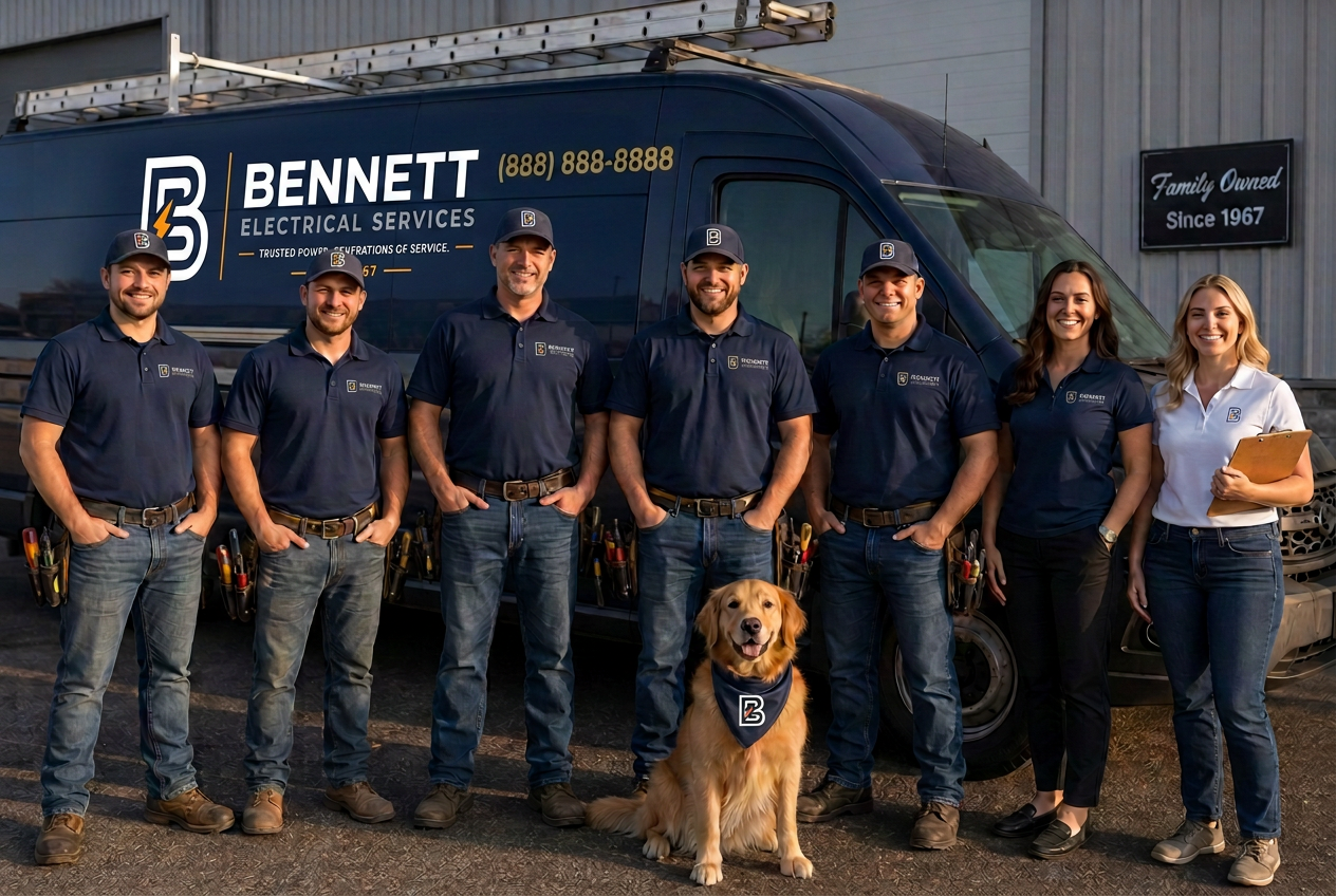 The Bennett Electrical Services crew standing in front of their service van